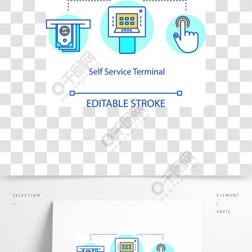 自助服務終端概念圖標付款系統想法細線圖購物結帳電子交易現代科技